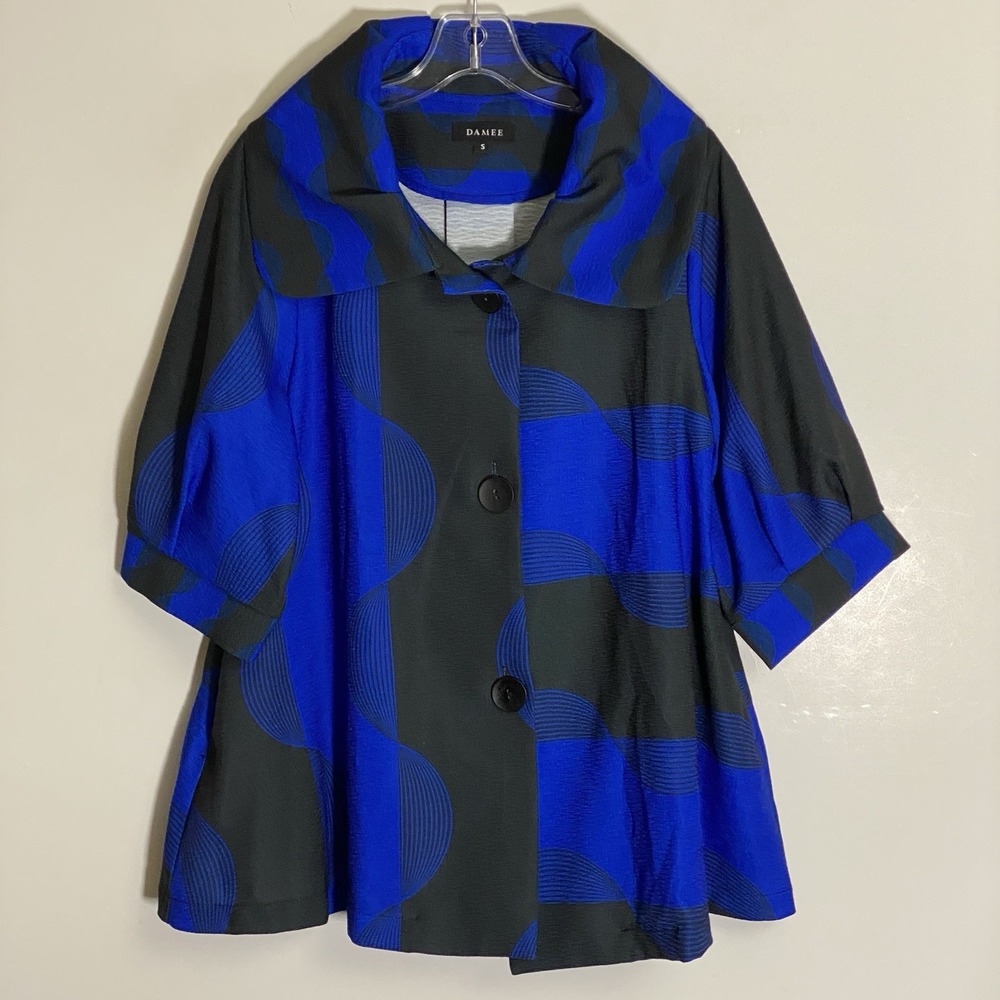 Damee Jacket Womens Small Black Blue Geo Wide Collar Classic Swing Art To Wear S